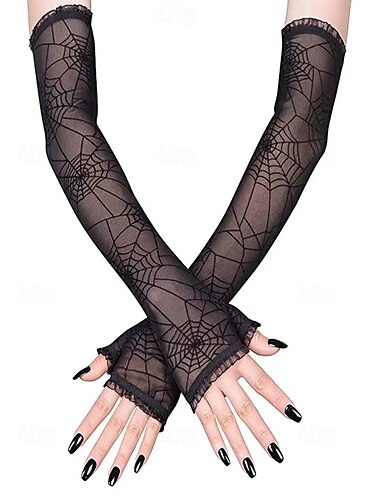  Mănuși de Halloween pentru femei, din plasă tip pânză de păianjen – manșete gotice negre elastice, design fără degete, accesorii pentru costume de petrecere cosplay