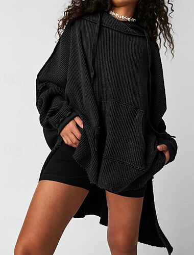  Dame Pullover hettegenser-genser عادي Moderne Fritid Langermet Med hette Vanlige topper Ferie Ut på byen Lomme Svart Blå Lilla Brun Beige Høst