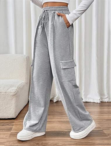  Damen Jogginghose Weites Bein Hosen Hose Mode Streetwear Volle Länge Hohe Taille Einfach Tasche Elastischer Bund Atmungsaktivität Bequem Mikroelastisch Straße Alltagskleidung Ausgehen Grau Frühling