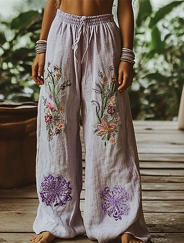  Damen Weites Bein Hosen Hose Palazzo-Hose Mode Boho Volle Länge Hohe Taille Blume Elastischer Bund Kordelzug Druck Atmungsaktivität Bequem Straße Alltagskleidung Ausgehen Purpur Frühling Herbst