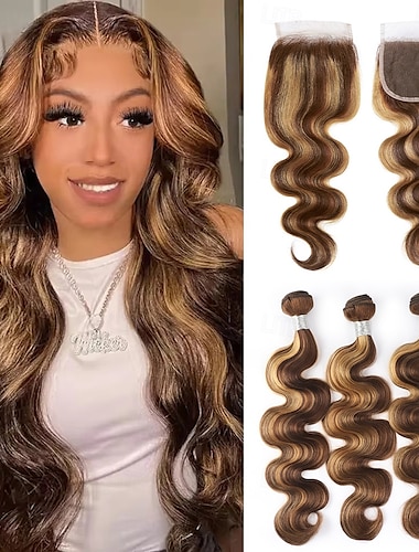  highlight p4/27 extensions ανθρώπινης τρίχας body wave 3 σετ με κλείσιμο για μαύρες γυναίκες