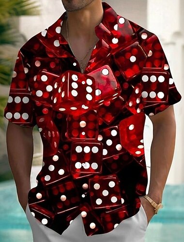  Herre Terning Skjorte Sommerskjorte Skjorte med knapper Kortermet Vintage retro utendørs Feriereise Hverdag Sommer Vår Aftæpning 3D-utskrift krage skjorter Front One Lomme Rød Blå