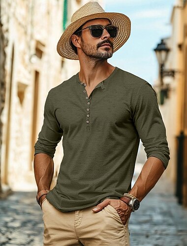  Herren Henley Hemd T-Shirt Langarmshirt Langarm Henley Sommer Frühling Einfarbig Einfach Mode Täglich Knöpfe Outdoor Lässig Schwarz Weiß Felsen Grün Top T-Shirt für Herren