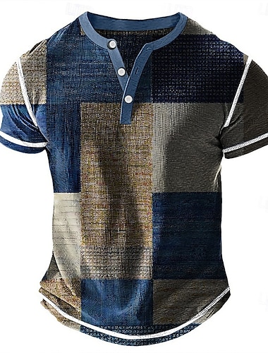  Per uomo Geometrico Patchwork Maglia Henley Maglietta a nido d'ape Manica Corta Quotidiano Retrò Vintage Classico Sport all'Aperto Casuale Ferie Primavera & Estate Blu Verde Viola Marrone Grigio