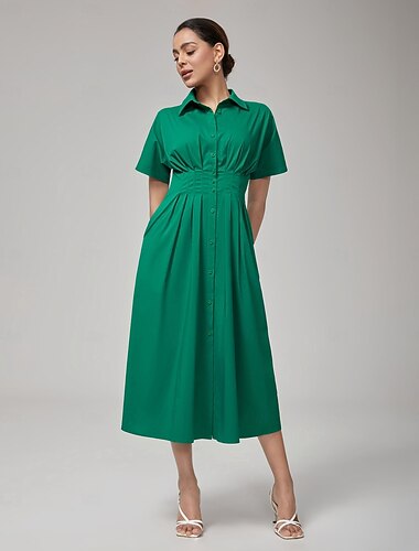  γυναικείο μάξι φόρεμα vintage πράσινο βαμβακερό πλισέ μέση πουκάμισο γιακάς casual κομψό άνοιξη καλοκαίρι φθινόπωρο