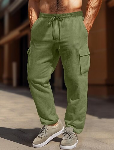  Homens Calças Cargo Calças Calça verão Calças largas Calças de praia Cintura elástica Com Cordão Bolso multi Tecido Conforto Macio Comprimento do joelho Ao ar livre Diário Feriado Férias Moda Preto