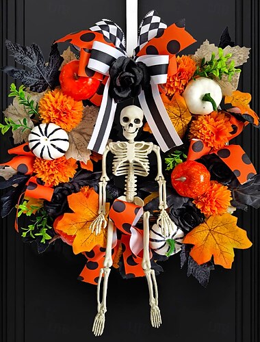  halloweeni csontváz koszorú bejárati ajtóra beltéri és kültéri dekorációhoz, juharlevél tök koponya füzér gallyakkal és művirágokkal, ijesztő szőlőgyűrű partidekorációhoz
