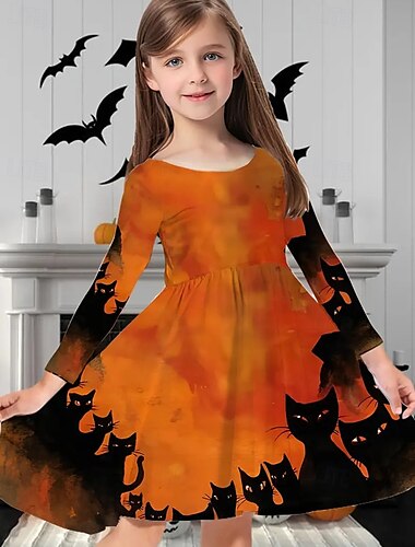  Halloween Pigers 3D Kat Kjole Langærmet Sommer Forår Ferierejse Daglig Ferie Prinsesse Smuk Sød Børn 4-12 år Hverdagskjole A Linje Kjole Knælang Regulær