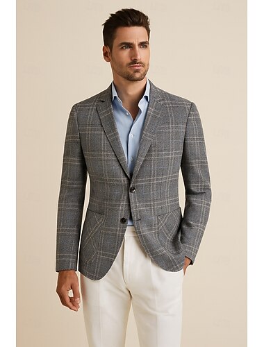  Per uomo Giacca blazer Scuola Formale Performance Classico Tutte le stagioni Poliestere Viscosa Plaid Senza ferro Monopetto due bottoni Giacca Caffè Grigio