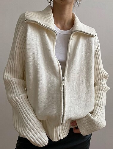  Per donna Felpa Cardigan Moda Streetwear Quotidiano Tinta unica A Coste Dolcevita Cerniera Lavorato a maglia Manica Lunga Top lunghi Maglia Ferie Uscire Weekend Bianco Autunno Inverno