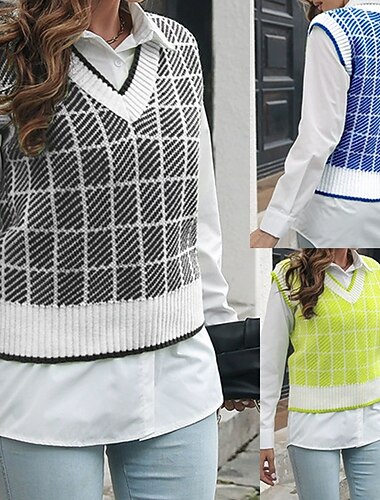  Per donna Gilet Maglione Casual Blocco di colori Spesso Scollo a V Lavorato a maglia Senza Maniche Top Regolari Maglia Quotidiano Ferie Uscire Nero Blu Autunno Inverno