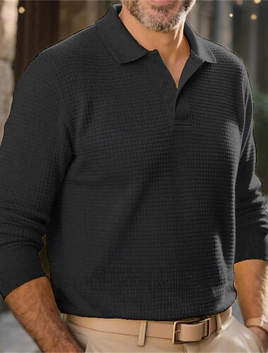  Herren Waffel-Poloshirts Golfshirt Arbeit Lässig Revers Langarm Basic Modern Einfach Knöpfe Frühling Herbst Normale Passform Schwarz Weiß Gelb Rot Hellgrau Leicht Blau Waffel-Poloshirts