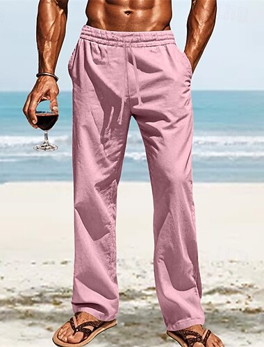  Herr Linne Byxor Långbyxor Sommarbyxor Strandbyxor Ficka Elastisk midja Snörning Slät Komfort Andningsfunktion Semester Dagligen Helgdag Hawaiisk Boho Vit Mörkröd