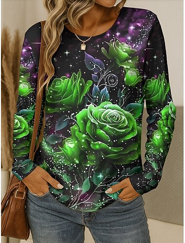  Kvinders T-shirt Langærmet Crew Neck Langærmet Tunika Floral Grafik Planter Vintage Stilfuld Klassisk Rund Hals Almindelige Toppe Dagligt Print Gul Rød Blå Lilla Grøn Efterår Førforår