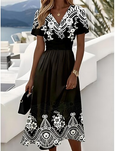  Robe midi élégante femme Robe A Ligne Robe enveloppante Col en V Manches courtes Boho Coupe régulière Motif graphique Paisley Noir Rouge Bleu Vert
