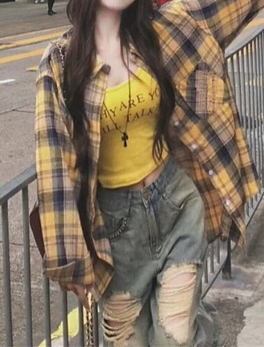 Mulheres Camisa Social Xadrez Diário à moda Básico Manga Longa Colarinho de Camisa Tops regulares Trabalho Diário Feriado Botões Amarelo Rosa Azul Primavera Outono