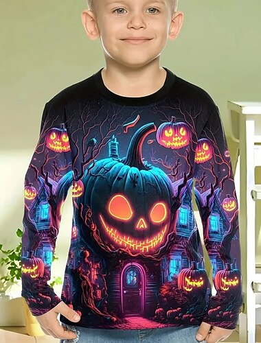  ハロウィーン 男の子 3D カボチャ Tシャツ Ｔシャツ 長袖 春 秋 ファッション ベーシック 子供 4〜12年 クルーネック アウトドア カジュアル 日常 レギュラー