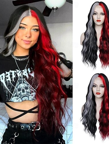  schwarz-rot-graue Perücke, 71 cm lang, schwarz-rot, gewellte Perücken für Frauen, Kunsthaar-Ersatzperücken, Halloween, Cosplay, Alltagsparty, hitzebeständige Faserperücke