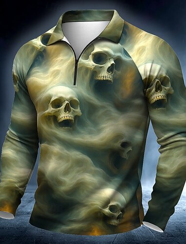  Halloween Homme Crânes Polo manche longue Polos Occasionnel Sombre Extérieur Rue Tenue quotidienne Impression 3D Polo à fermeture éclair 1/4 Printemps Automne Hiver Bleu Marron Vert
