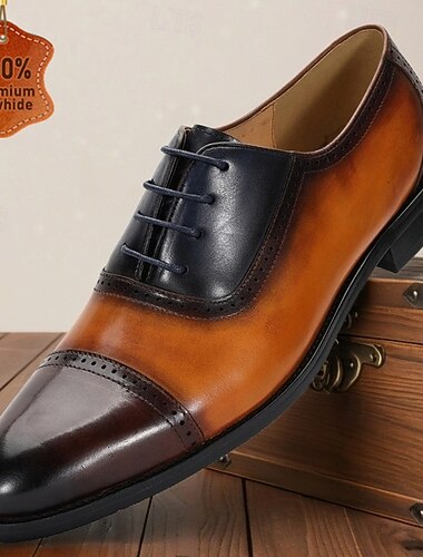  Sapatos oxford masculinos de couro legítimo bicolor – estilo clássico com cadarço e biqueira para uso profissional, uso em escritório e eventos formais