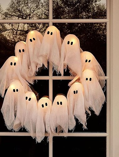  Στεφάνι φαντασμάτων για το Halloween, γιρλάντα φαντασμάτων με 12 φώτα LED, τρομακτική διακόσμηση εσωτερικού χώρου &εξωτερική κρεμαστή διακόσμηση για μπροστινή πόρτα, τοίχο, πάρτι, διακόσμηση αποκριών