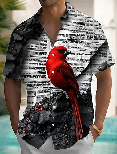  Férfi Madár Vörös bíboros Ing Nyári póló Gombos póló Rövid ujjú Vintage Retro Szabadtéri Vakáció Nyár Tavasz Térfogatcsökkenés 3D nyomtatás galléros ingek Első egy zseb Fekete