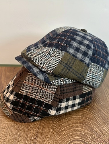  Boina a cuadros vintage - Gorro de pintor unisex de estilo británico para otoño/invierno - Tejido, confección a rayas, inelástico, plegable, estampado aleatorio