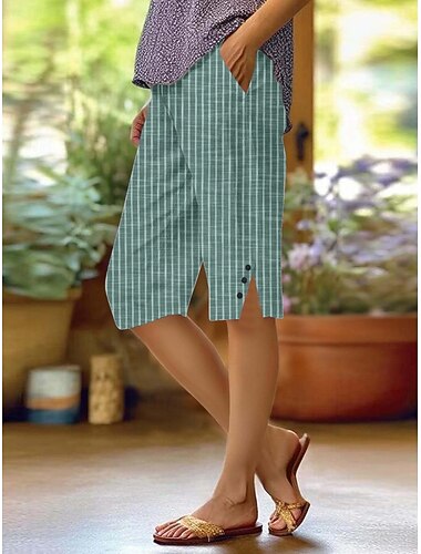  Dames Broek met linnenlook Capri broeken Chinese Zomer korte broeken Streetwear Casual Knielengte Hoge taille Effen Zak Opdrukken Ademend Zacht Micro-elastisch Vakantie Straat Alledaagse kleding Wijn