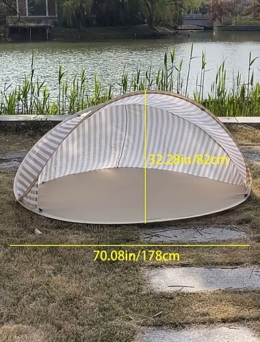 2 hengen nopeasti pystytettävä rantateltta, aurinkosuoja - kannettava, ei kokoamista, raidallinen beige &valkoinen katos, kaikkiin vuodenaikoihin sopiva ulkovarjo retkeilyyn, piknikille, lomailuun,