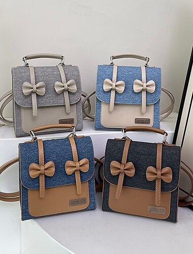  Graziosa borsa a tracolla con fiocco per ragazze: piccola borsa a tracolla in tela e PU per la scuola, le gite del fine settimana e l'abbigliamento casual