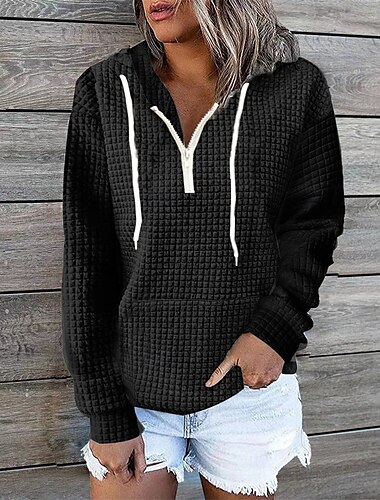  Femmes Sweat à capuche Uni Streetwear Occasionnel Confortable manche longue À capuche Hauts Réguliers Rue Fête Sortir Avec Poches Quart de zip Noir Blanche Gris Automne