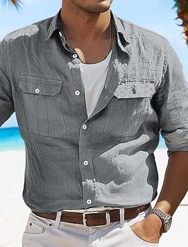  Herren Hemd Leinenhemd Sommerhemd Knopfhemd Cargohemd Einfach Lässig Täglich Schwarz Weiß Blau Khaki Langarm Kragen Sommer Frühling & Sommer Bekleidung Tasche