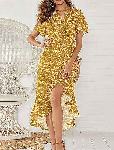  Per donna Abito Midi Vestito Casual Vestito in Chiffon Abito Estivo Moda All'aperto Feste Ferie Vestibilità regolare A Pois Manica Corta Scollo a V Bianco Giallo Rosso Verde Estate Primavera
