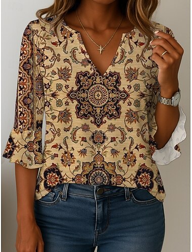  Damen Bluse Druck Blumen Grafik Ethnisch Retro Vintage Dreiviertelarm V Ausschnitt Normale Oberteile Täglich Ferien Blau Rote Braun Khaki Sommer Frühling Herbst