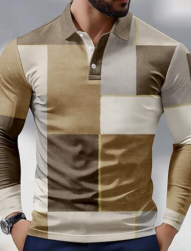  Men's Color Block Polo Long Sleeve Polo Shirts Collared Shirts Business Casual Athleisure Daily Wear 3D Print Spring Fall Blue Purple Brown