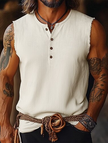  Pánské Tričko Henley Vesta Top Plátěné tílko Košile bez rukávů Bez rukávů Henley Léto Bez vzoru Módní Designové Cikánské Knoflíky Dovolená Ležérní Jdeme ven Černá Bílá Světlá růžová Top tričko pro