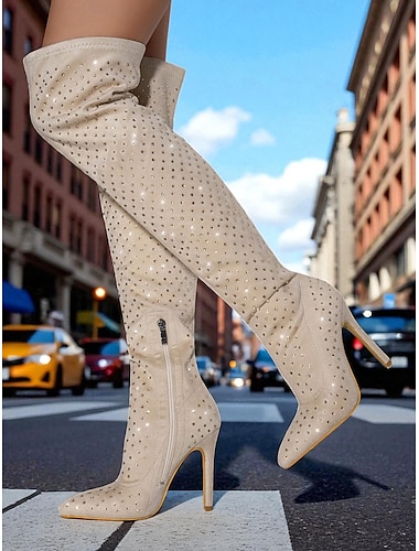  stivali da donna con tacco alto sopra il ginocchio e strass - calzature da festa con punta affilata e scintillante per outfit da discoteca e per la vita notturna
