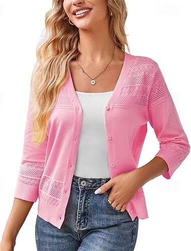  女性用 ニット カーディガン ファッション ストリートファッション 日常 純色 リブ オープンフロント ニット 七分袖 レギュラートップス ニット 祝日 お出かけ 週末 ブラック ピンク 春 秋