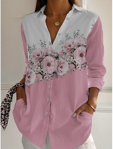  Women's Shirt Floral Active Daily Stylish Long Sleeve Shirt Collar Regular Tops Daily Holiday Buttons Print Pink Spring Fall
