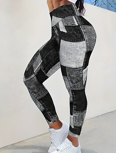  Per donna Jeans finti con stampa denim Leggings da yoga Controllo addominale Vita Alta Palestra Danza Atletico Pantaloni Blocco di colori Nero Blu Autunno Gli sport Abbigliamento sportivo Vestibilit