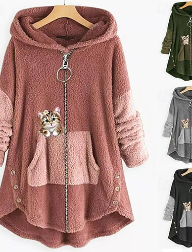  Damen Kapuzenjacke Warm Bequem Patchwork Reißverschluss Lässig Katze Outdoor Urlaub Reisverschluss Lang Mit Kapuze Normale Passform Langarm Oberbekleidung Schwarz Rote Armeegrün Herbst Winter