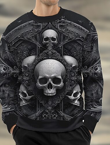  Halloween Herre Hodeskaller Genser Genser Hettegenser Crew-hals Fritid 3D-utskrift Svart Gul Crewneck 3D-utskrift 3D Alle årstider Designer