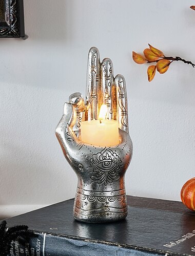  Halloween-harpiksstatue af venstre hånd med tre øjne, uhyggelig kunstdekoration med lysestage, gyserdesignelement til boligindretning, halloween-fester og fejringer af de dødes dag