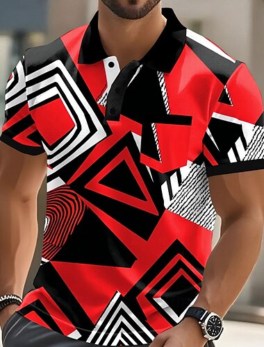  Voor heren Geometrisch Polo Korte mouw Poloshirt Overhemden met kraag Casual Buiten Sportkleding Alledaagse kleding Zak 3D-afdrukken Knop Zomer blauw Rood Oranje