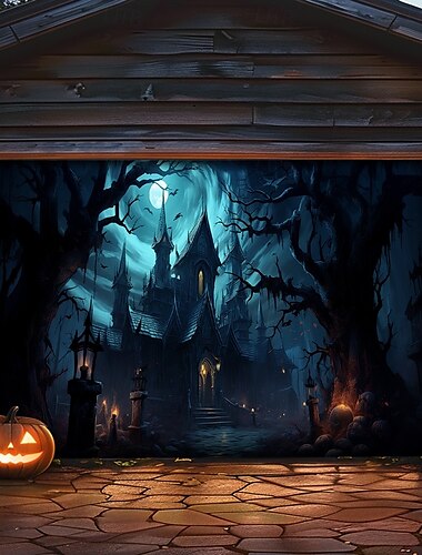  Cubierta de puerta de garaje exterior de Halloween con castillos y esqueletos banner grande telón de fondo de decoración para la puerta de garaje al aire libre y decoraciones de pared del hogar