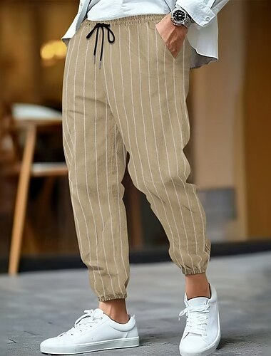  Per uomo Pantaloni di Lino Pantaloni Pantaloni Estivi Tasca Elastico in vita Coulisse A righe Comodità Traspirante Lunghezza intera All'aperto Affari Quotidiano Vacanza Affari Nero Bianco