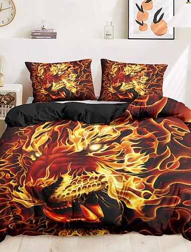  Copripiumino Halloween Fire Skull di Tom Wood, set di biancheria da letto, 3 pezzi, con chiusura a cerniera, morbido e leggero, decorazione per la camera da letto per le feste.