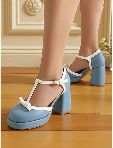  Escarpins à talons hauts bleus et blancs pour femmes avec détail nœud - style vintage des années 1960, escarpins à plateforme confortables pour les tenues décontractées, de jour et rétro.