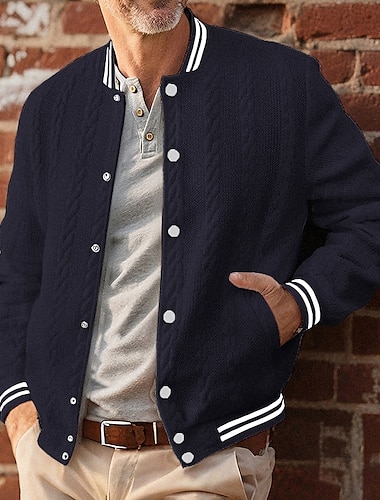  Homens jaqueta leve Jaqueta casual Jaqueta do time do colégio Férias Diário Respirável Bolsos Jacquard Primavera Outono Listrado Moda Clássico Colarinho Chinês Padrão Branco Azul Marinha Marron cáqui