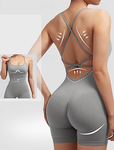  Mulheres Macacão de ioga com franzido Macacões de treino Frente Única Côr Sólida Body Cinzento Escuro Preto Treino de Ginástica Voleibal Corrida Cintura Alta Esticar Respirável Compressão abdominal